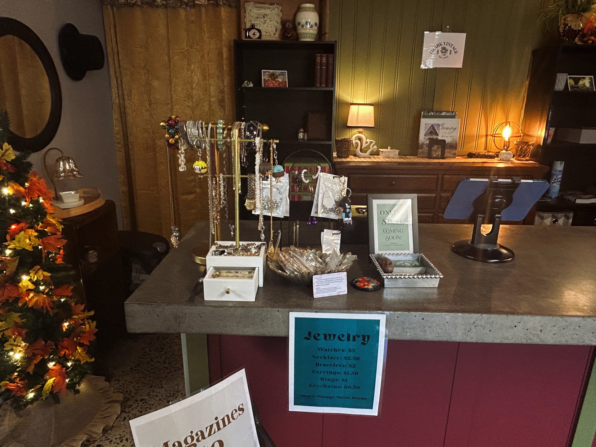 Jewelry and accessories displayed at the checkout counter inside Ozark Vintage Thrift Works