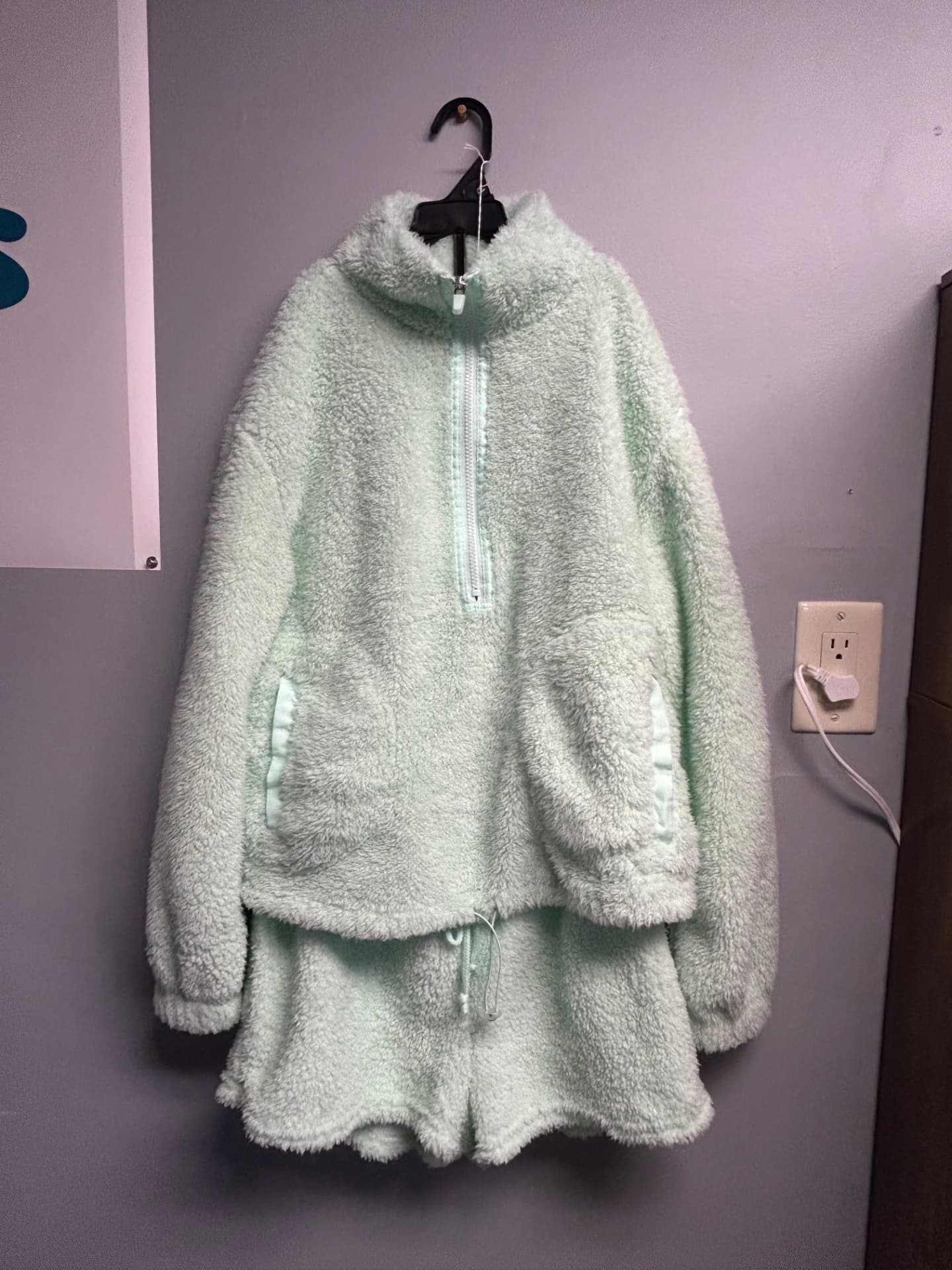 Mint green fuzzy fleece half-zip pullover with matching shorts