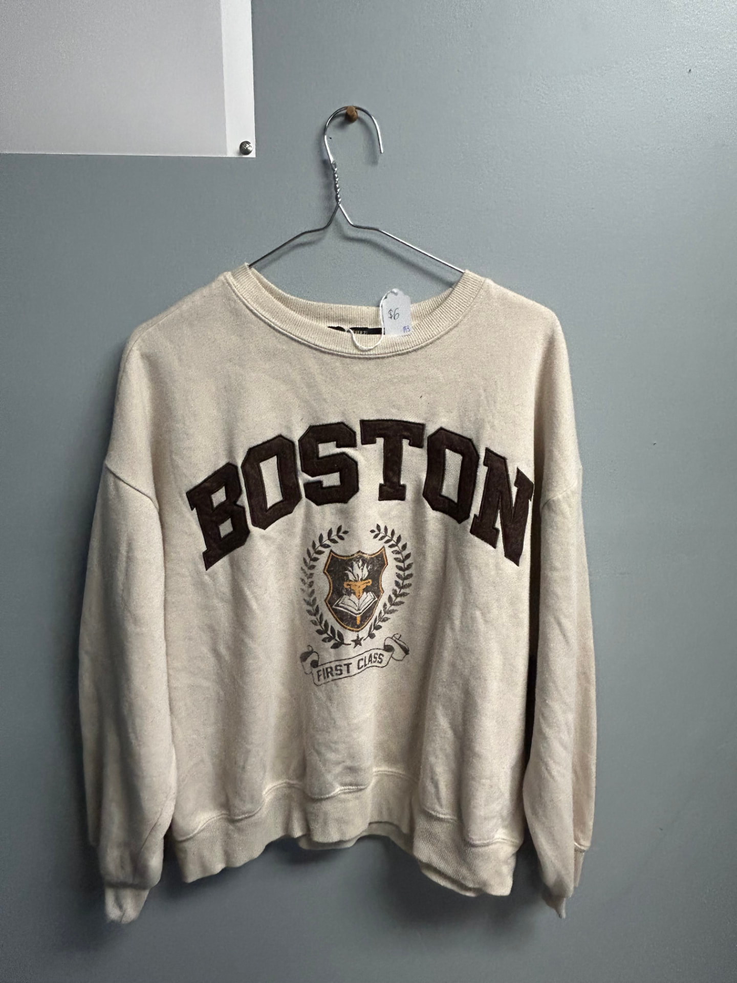 Cream Forever 21 crewneck sweatshirt printed with Boston First Class