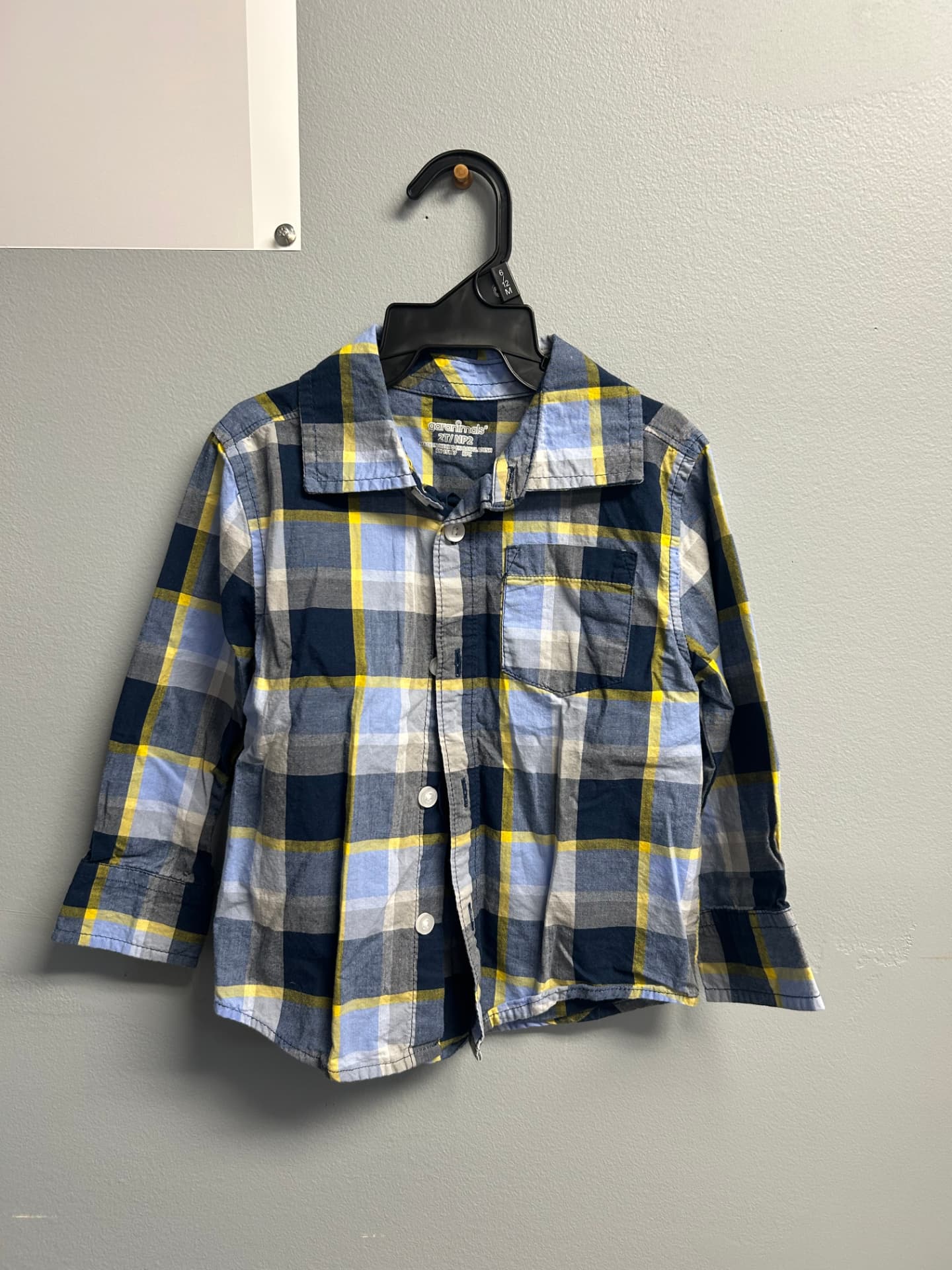 Child's long-sleeve plaid button-down shirt in navy, blue, yellow and grey