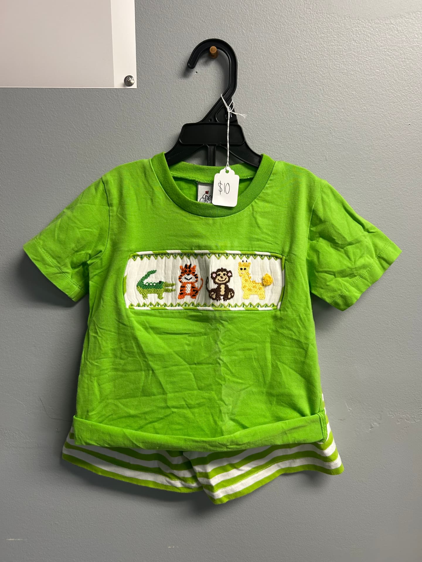 Lime green smocked toddler t-shirt with alligator, tiger, monkey and giraffe, striped shorts