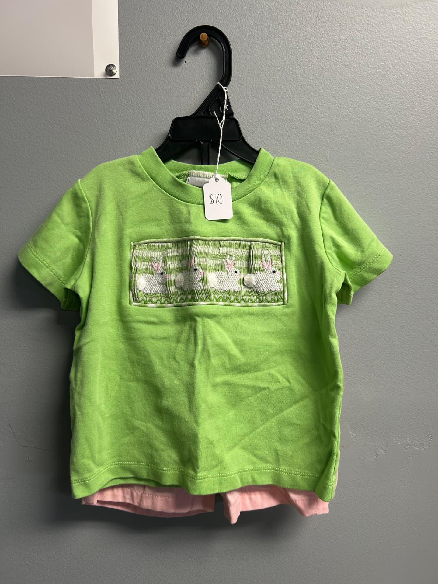 Lime green smocked bunny t-shirt with pale pink shorts
