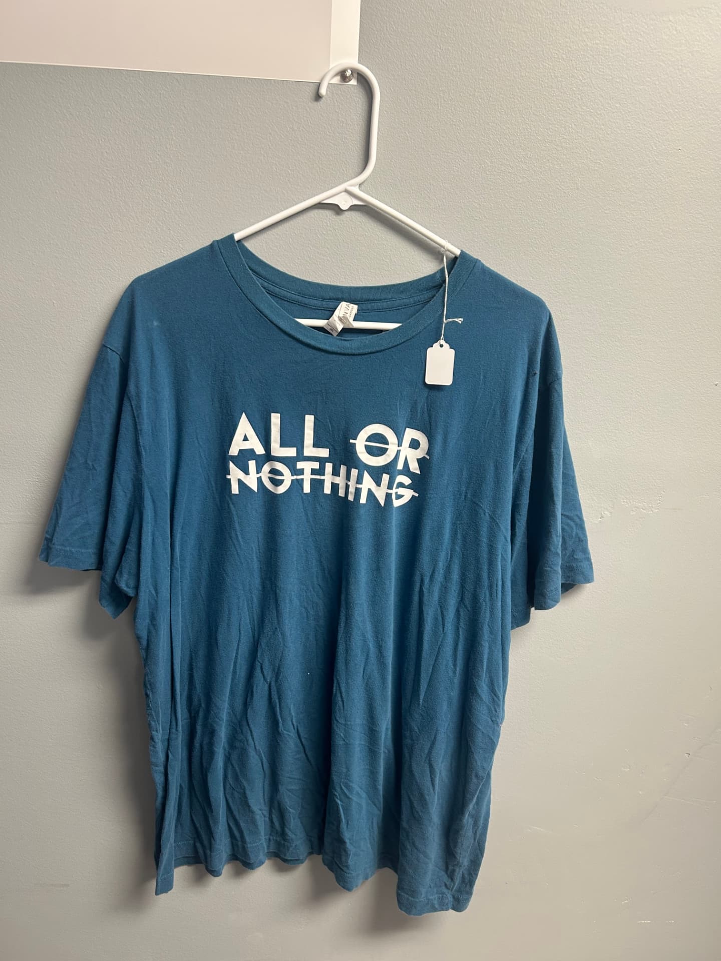 Teal t-shirt reading All or Nothing