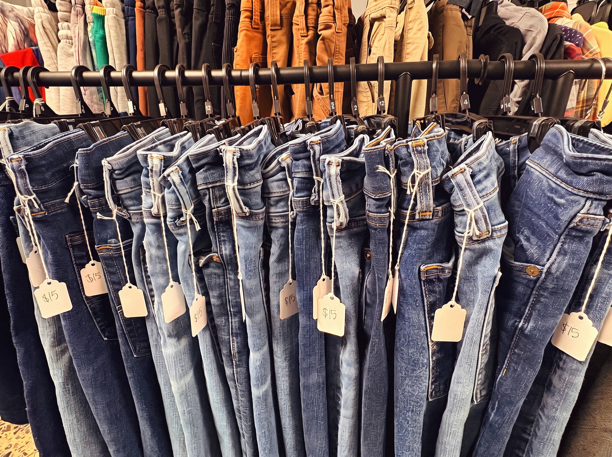 Rack of vintage denim jeans with handwritten price tags at Ozark Vintage Thrift Works