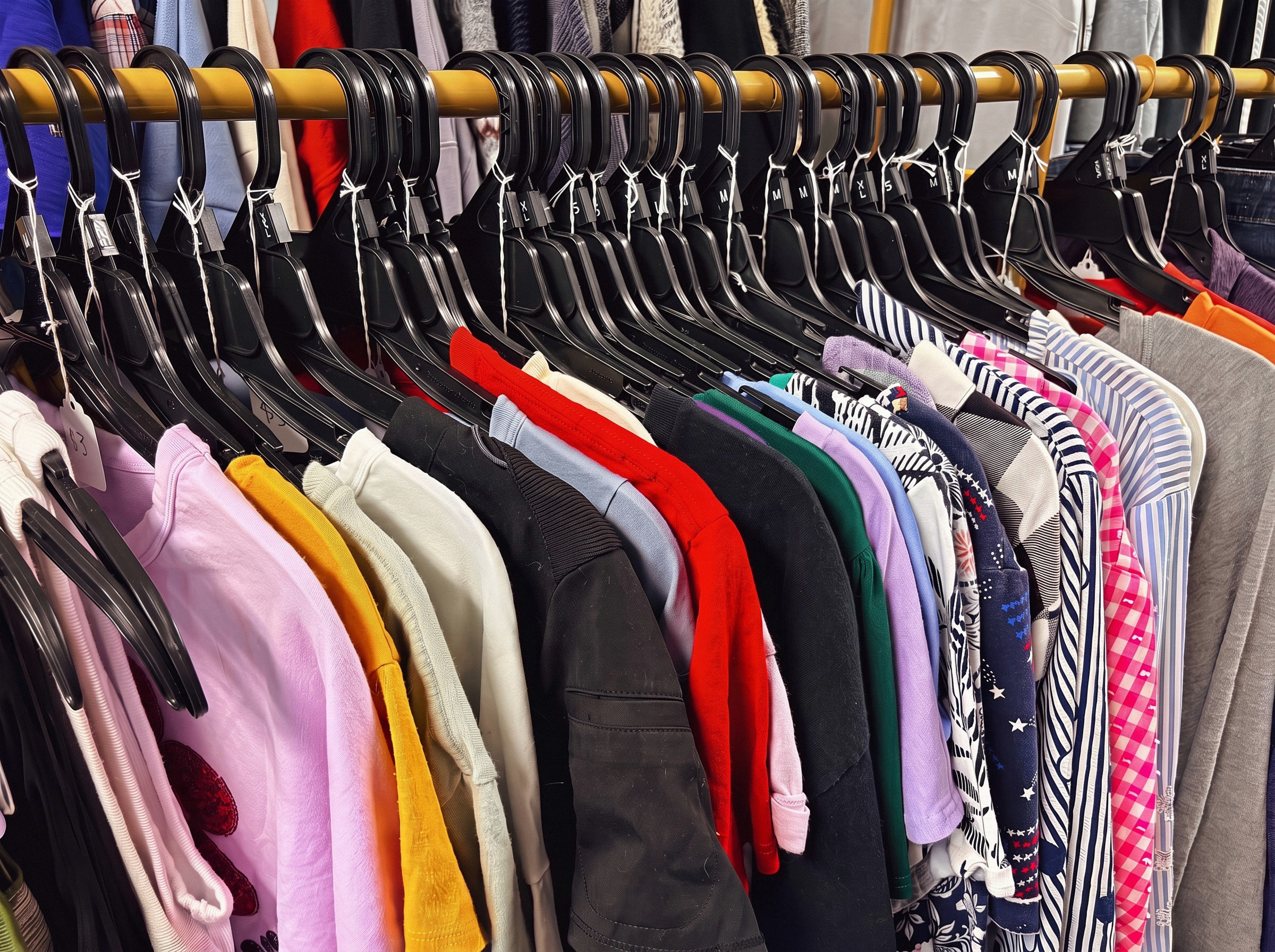 Colorful curated shirts and tops hanging on a rack at Ozark Vintage Thrift Works