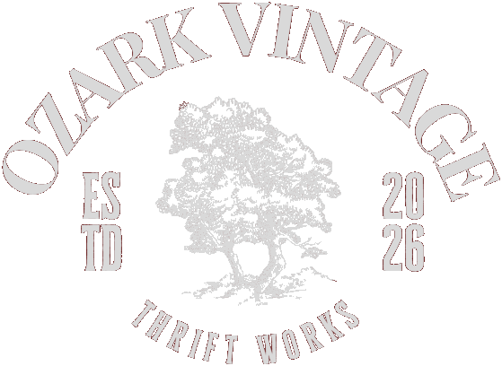 Ozark Vintage Thrift Works seal: a tree framed by the words Ozark Vintage Thrift Works, established 2026