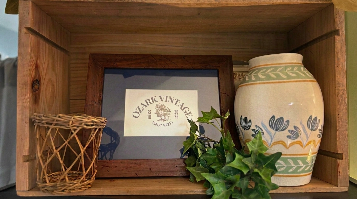 A wooden shelf display with a framed Ozark Vintage Thrift Works sign, a wicker basket, a painted ceramic vase, and trailing ivy