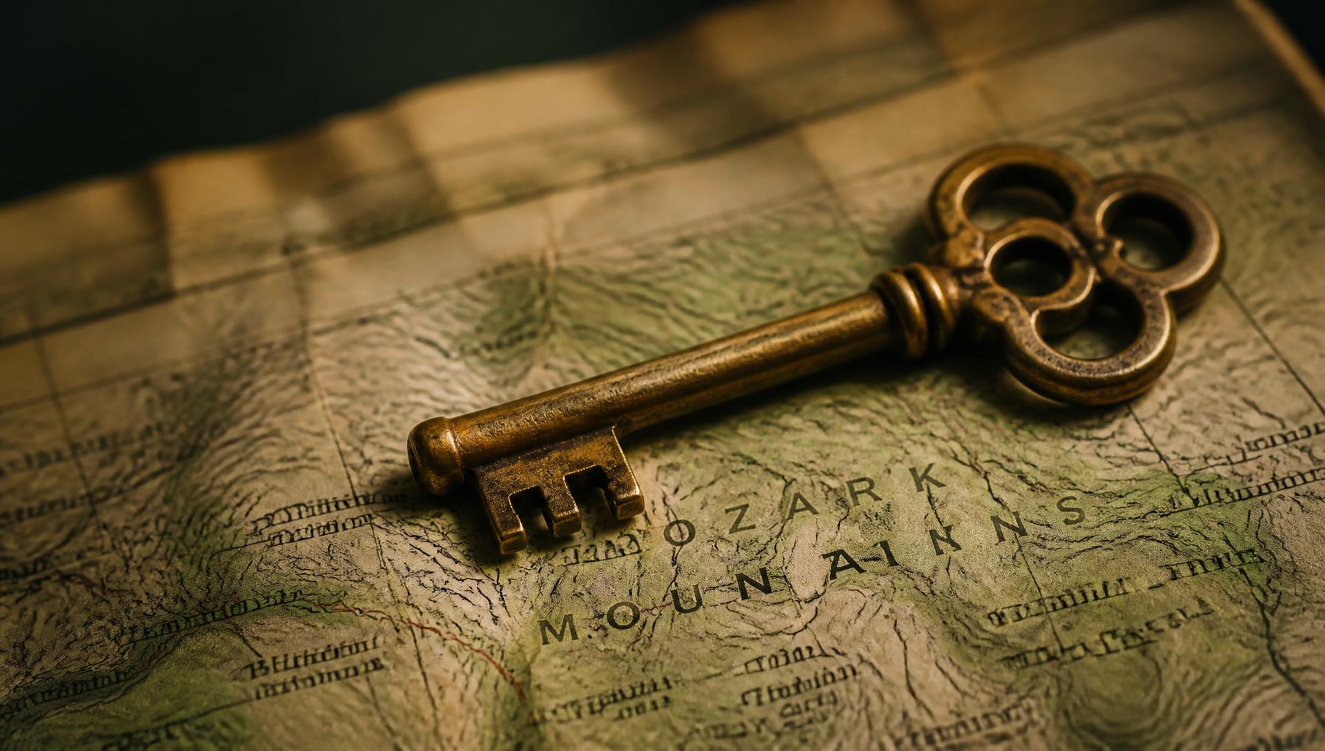 Antique brass key resting on an old Ozark mountains map